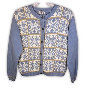 Karen Scott Vintage Blue Snowflake Hand Knit Cardigan Sweater Womens M‎ Granny